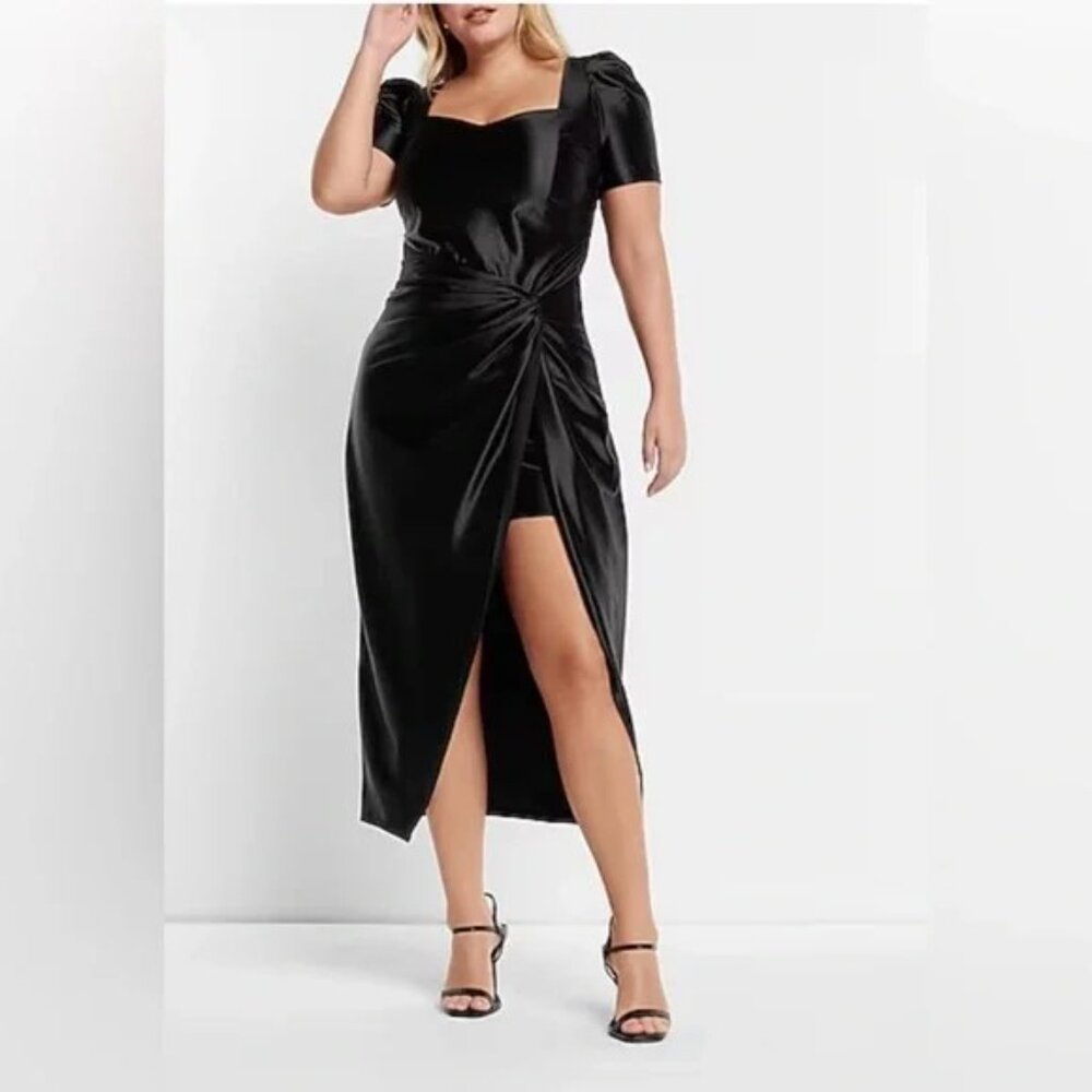 Express Satin Puff Sleeve Ruched Faux Wrap Midi Dress